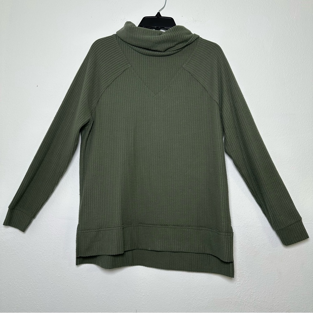 Lou & Grey Olives Green Waffle Cowl Neck Tunic Top Hi Low Long Sleeve Sweater - Picture 2 of 10